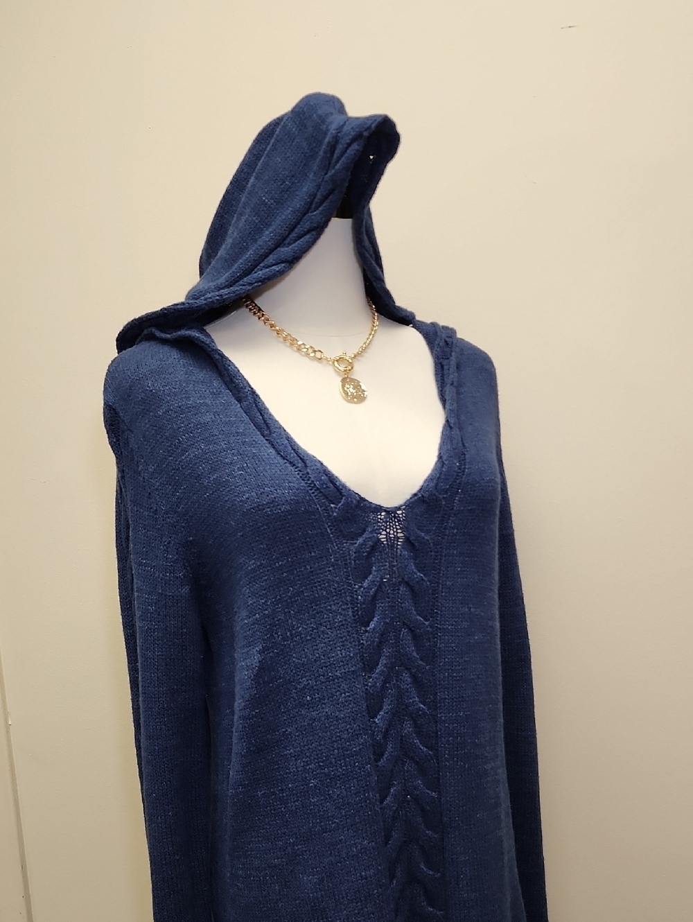 Tommy Bahama Navy Cable Knit Hooded Sweater Linen Blend Size Medium - Picture 5 of 9